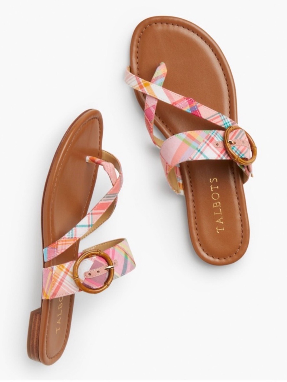 New Talbots Gia Multicolor Madras Plaid Bamboo Buckle Slide Sandals Size 9